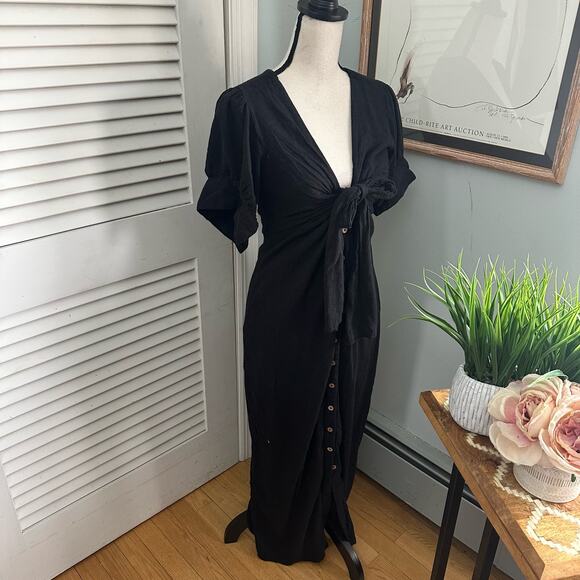 FREE PEOPLE Womens Dress Black Vintage Summer Midi Tie Front Whimsigoth *XS - Picture 3 of 12